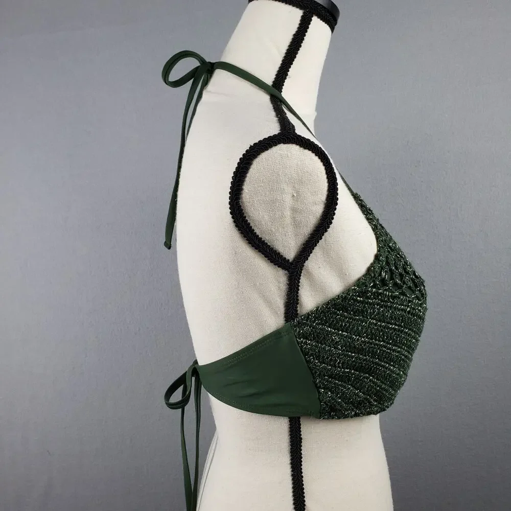 IKA-KUL Size XL Crochet Lattice Front Bikini Top Army Green Boho Festival Halter - Picture 3 of 6